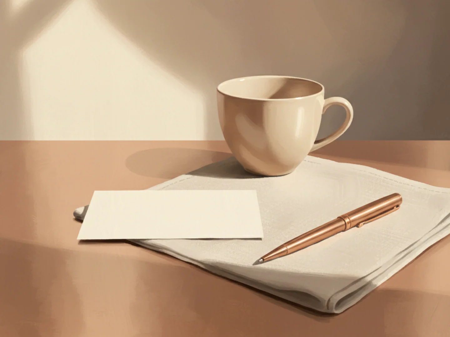 Illustration of a calm consultation desk with a teacup, folded card, and fountain pen in warm light
