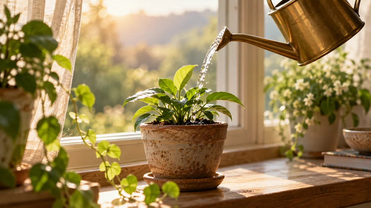 A brass watering can pouring a thin stream onto a small potted plant on a windowsill