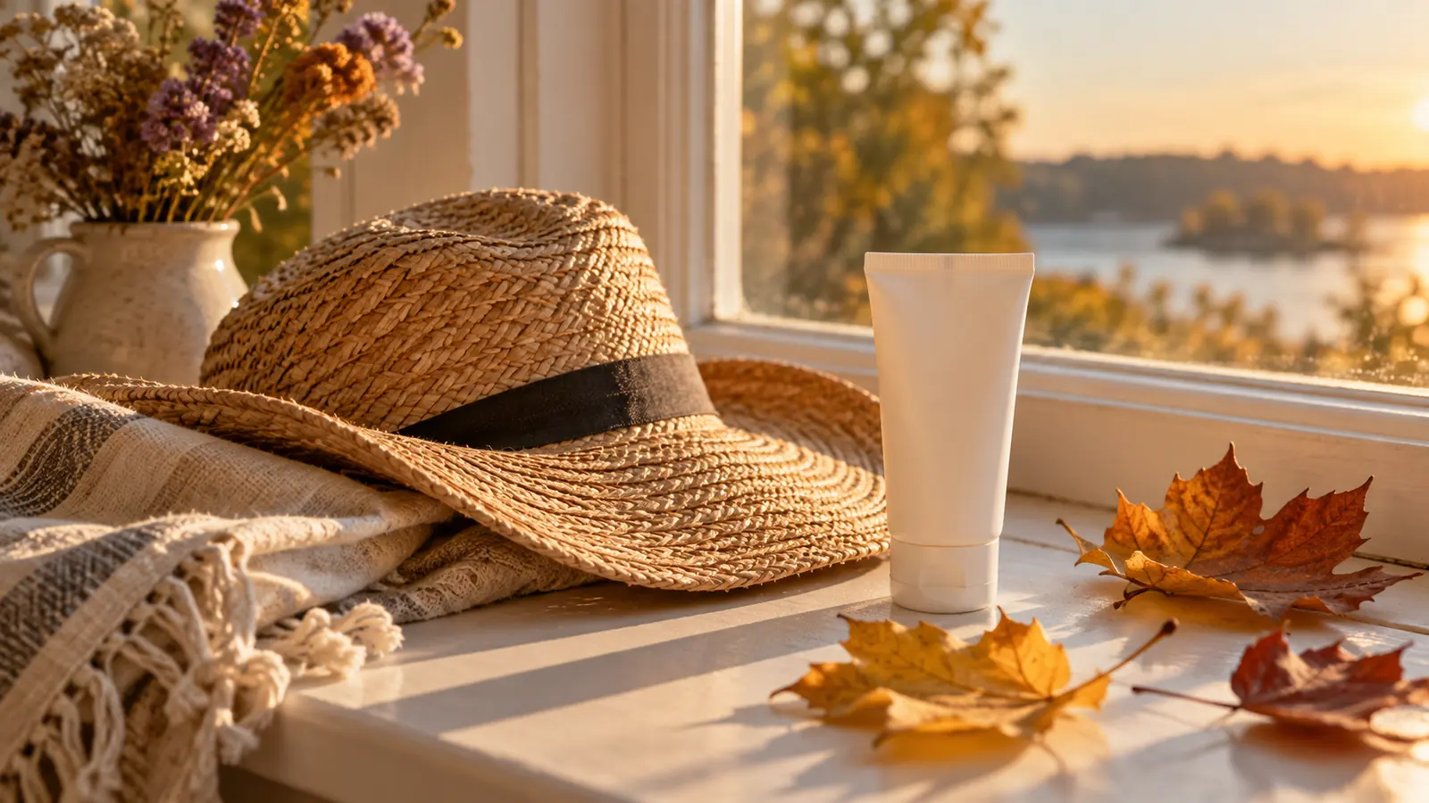 A straw sun hat, a plain sunscreen tube and fallen autumn leaves on a windowsill in low late-summer light