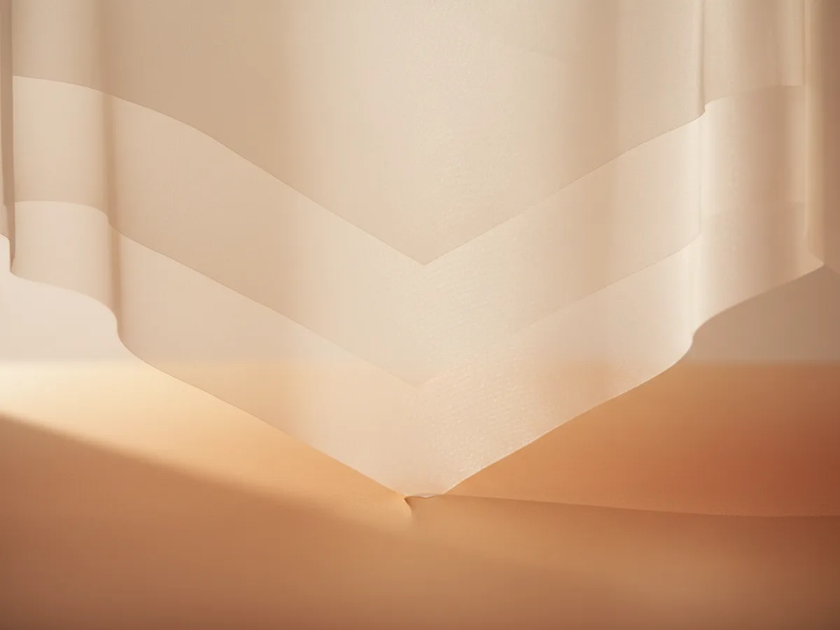 Editorial photograph suggesting layered pigment care: translucent veils of light over a warm gradient surface, representing sunscreen, systemic therapy and gentle energy treatment working as layers