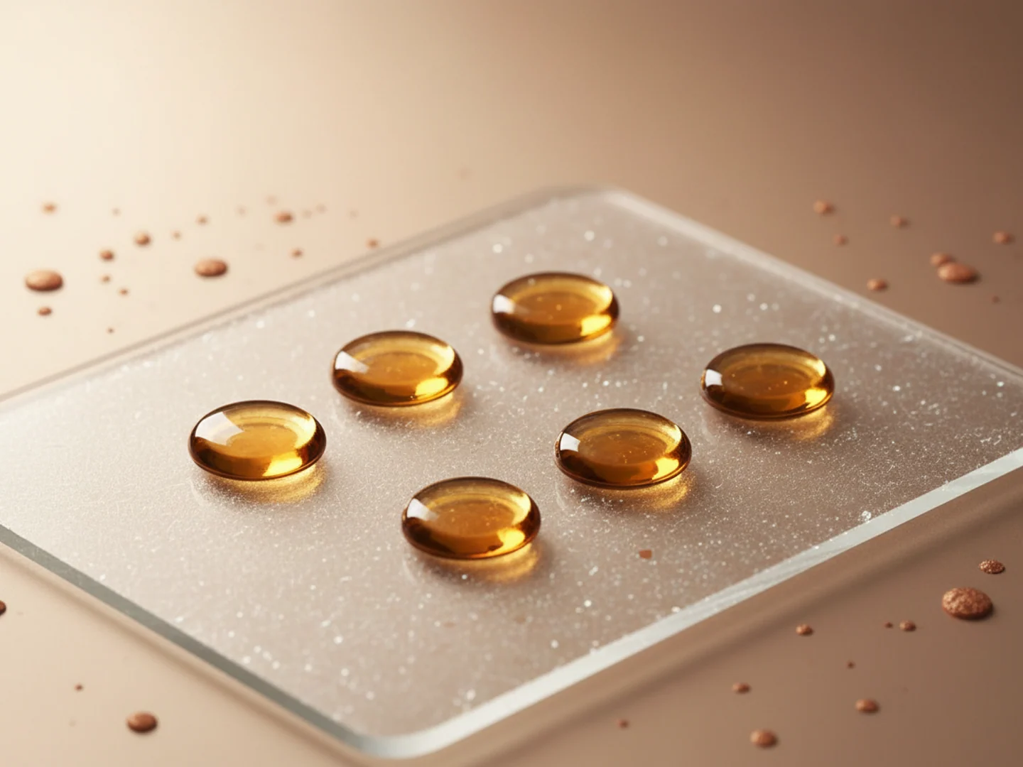 Illustration of six amber-gold glass discs in two neat rows on frosted glass, six things to know