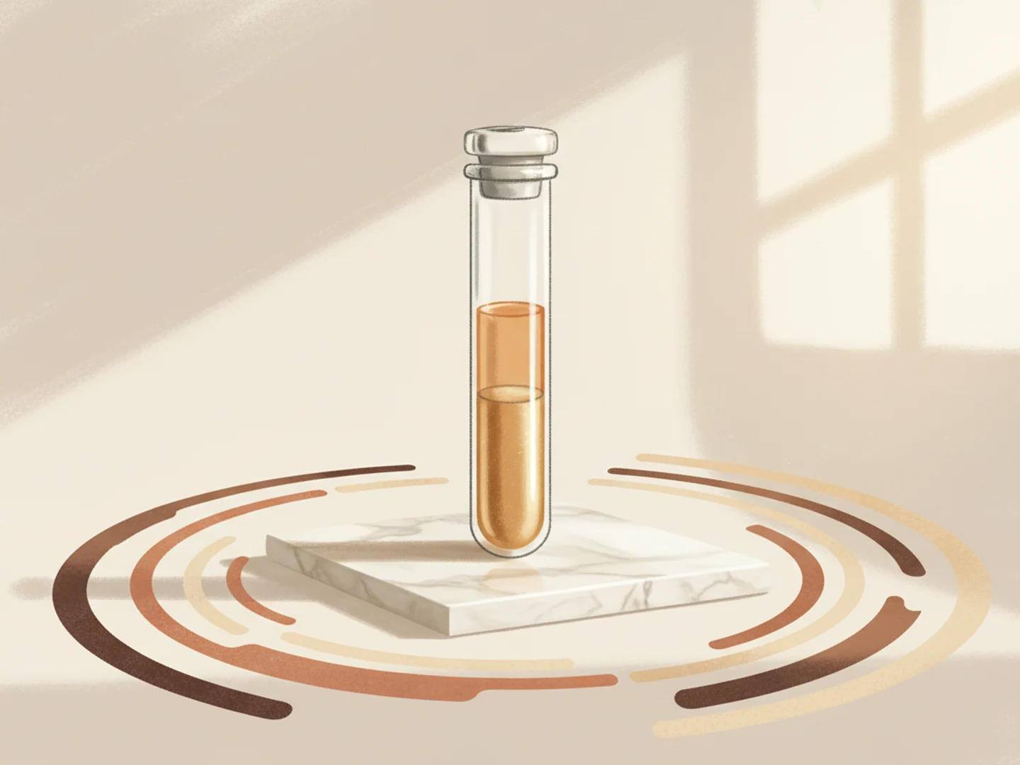 Illustration of a slender vial of separated amber and gold liquid layers in warm window light, plasma layering