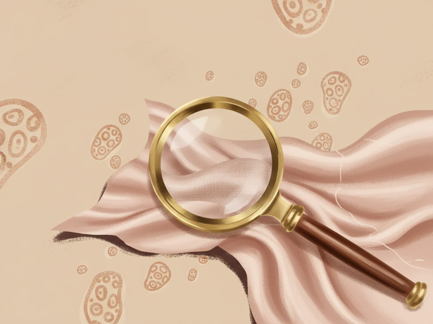 Illustration of a brass magnifying loupe over a rose-gradient silk swatch, careful diagnosis