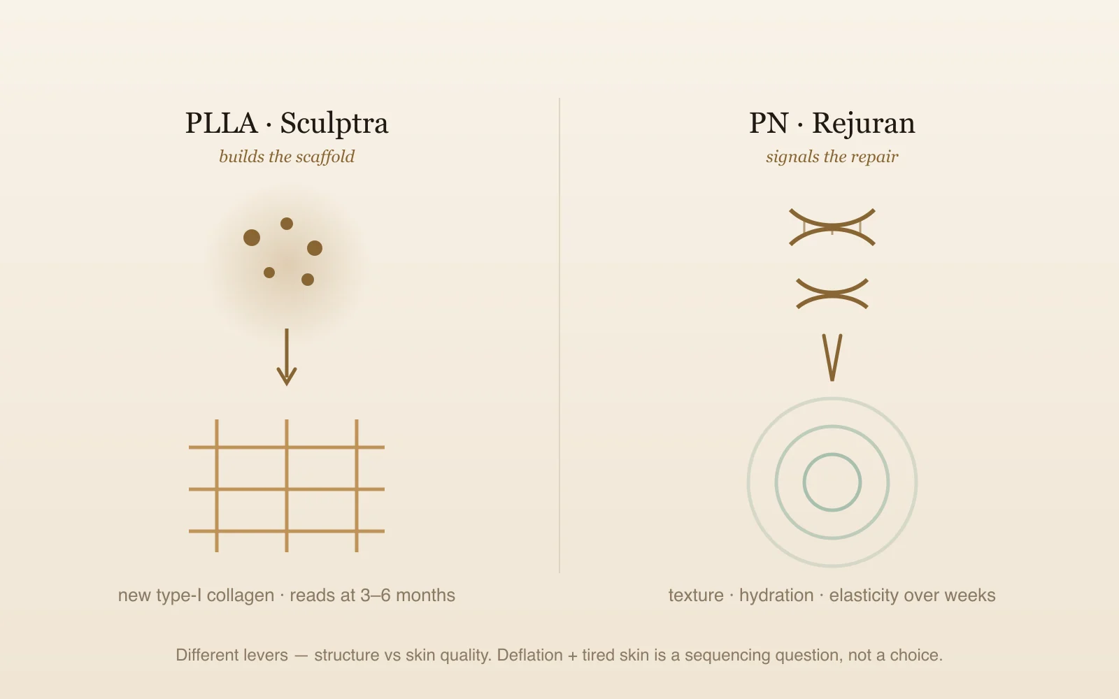 Side-by-side diagram comparing PLLA and polynucleotide: PLLA microparticles recruiting fibroblasts to build a collagen scaffold over months versus polynucleotide fragments signaling repair and hydration in the skin environment