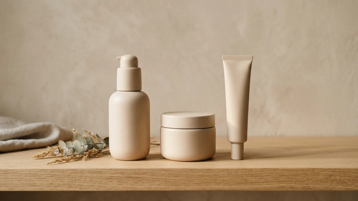 Three unlabeled beige containers, a pump bottle, a jar and a tube, on a wooden shelf