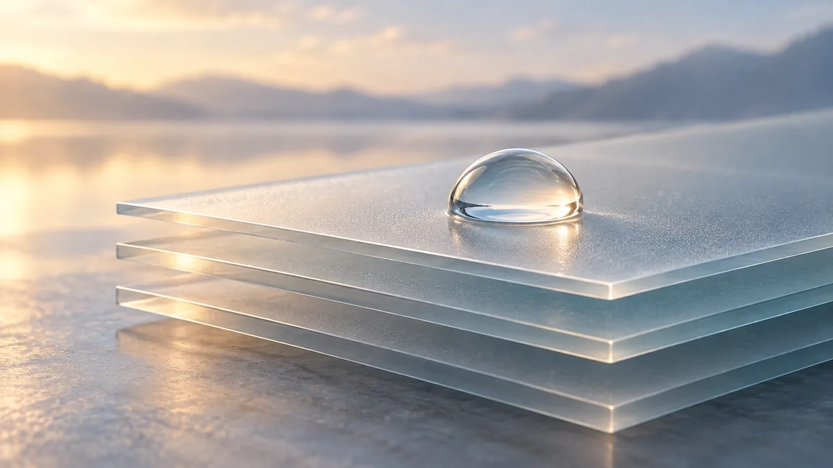 Stacked frosted glass sheets with a single water droplet resting on the top sheet
