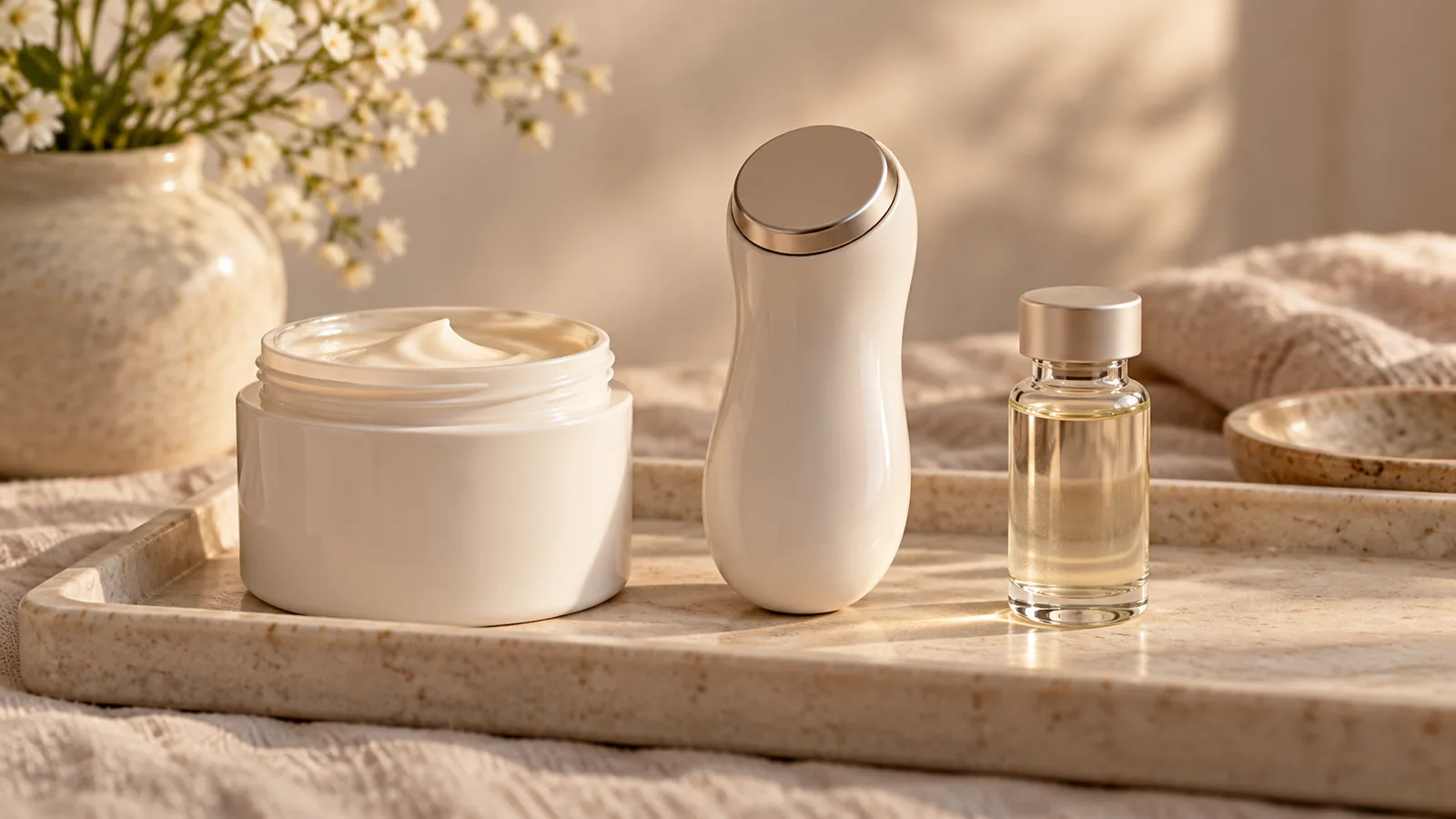An unlabeled cream jar, a small handheld device and a sealed glass vial side by side on a linen-covered tray