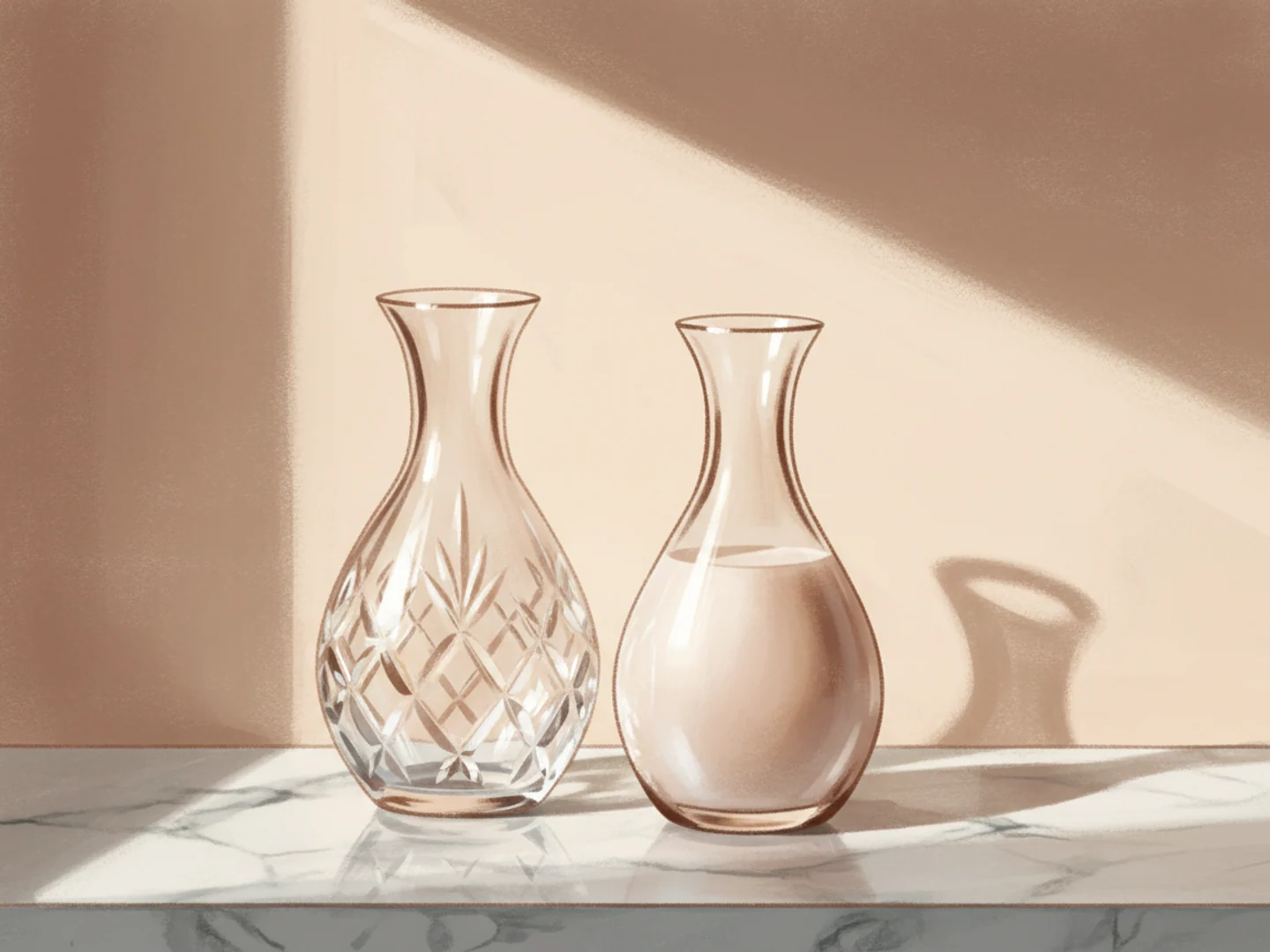 Illustration of two glass carafes side by side, one crystal clear and one subtly viscous, comparing formulations