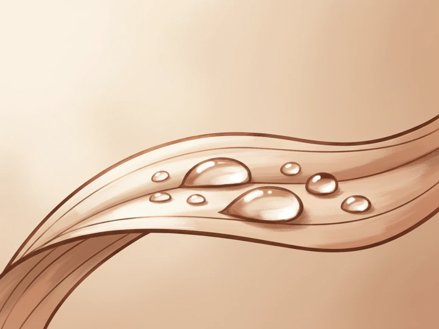 Illustration of plump dew drops resting on a silk leaf at dawn, deep hydration