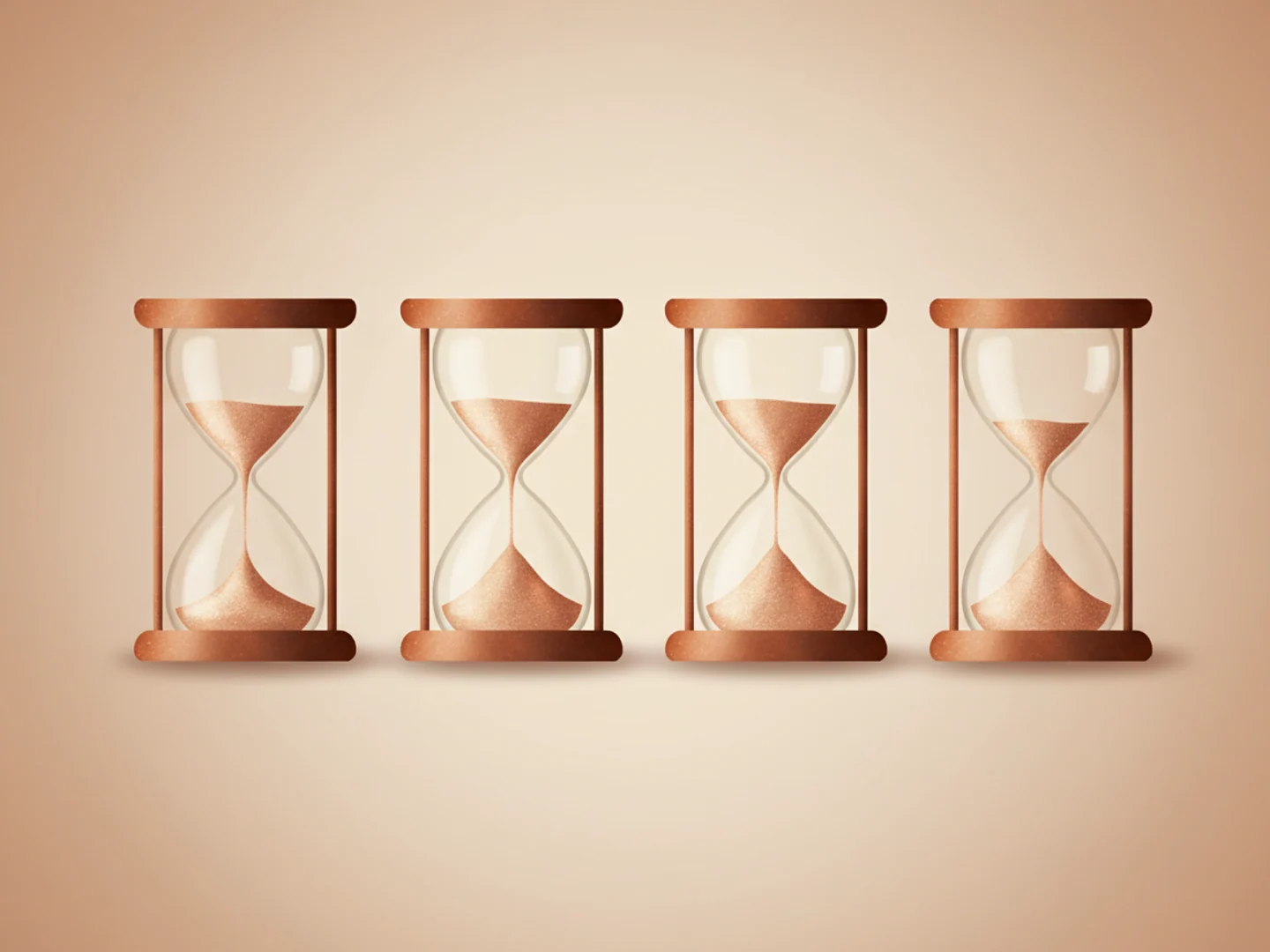 Illustration of four hourglasses in a row with progressively more fallen sand, skincare by decade