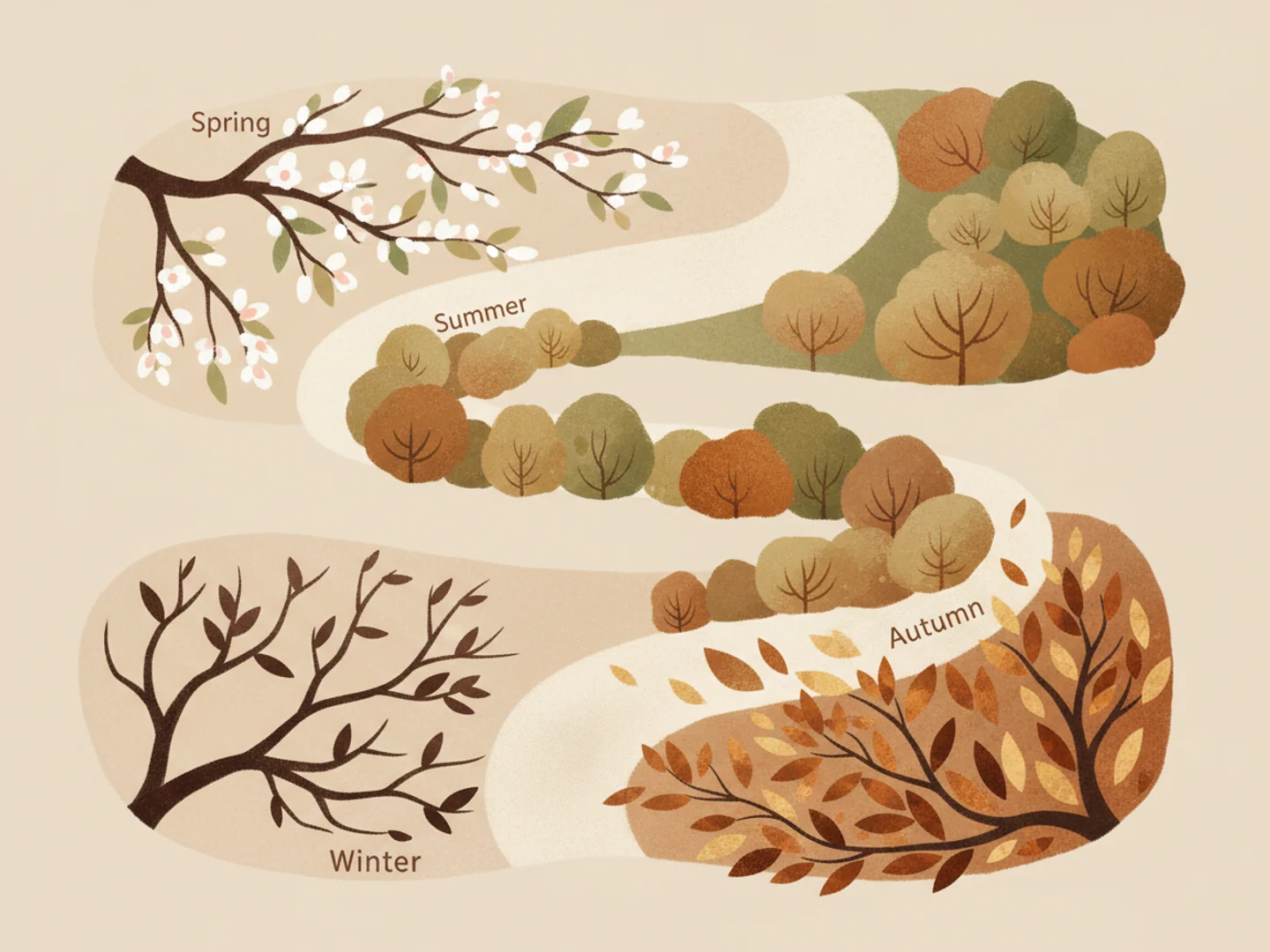 Aerial illustration of a garden path winding through four seasonal sections from spring to autumn