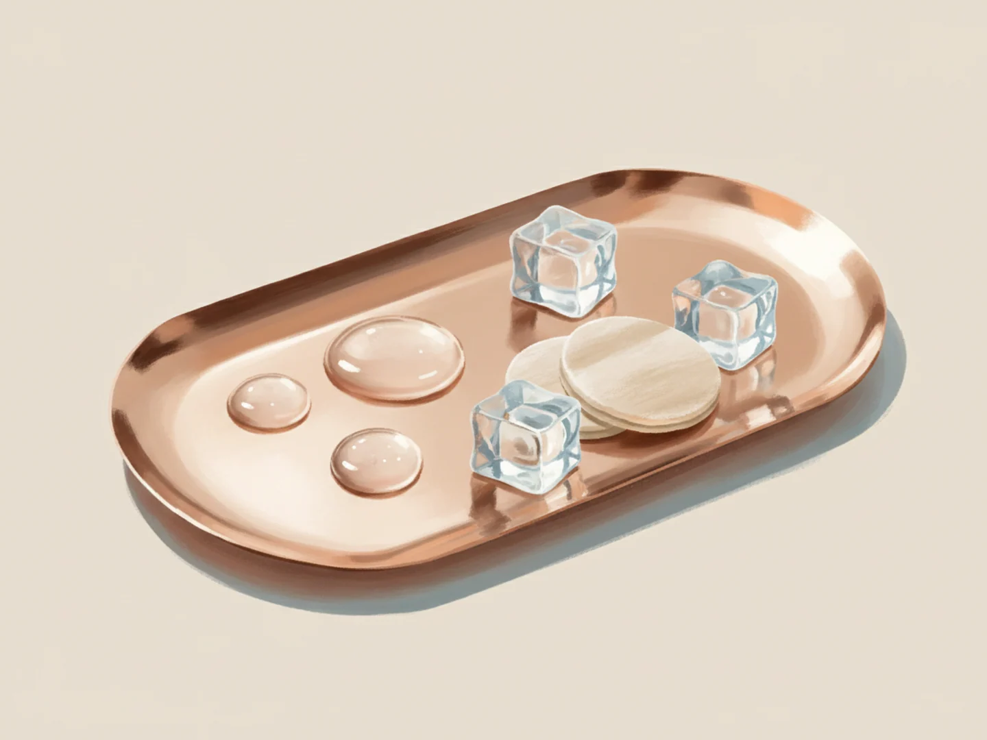 Illustration of a cool tray with gel droplets, cotton pads and ice cubes in bright airy light, summer acne care