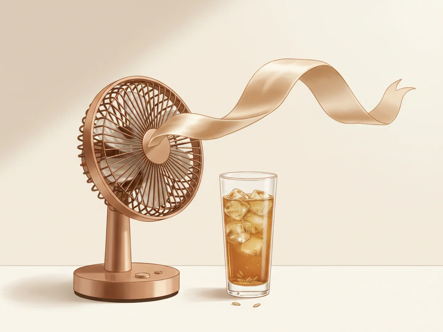Illustration of a small fan lifting a silk ribbon beside iced barley tea, keeping skin cool