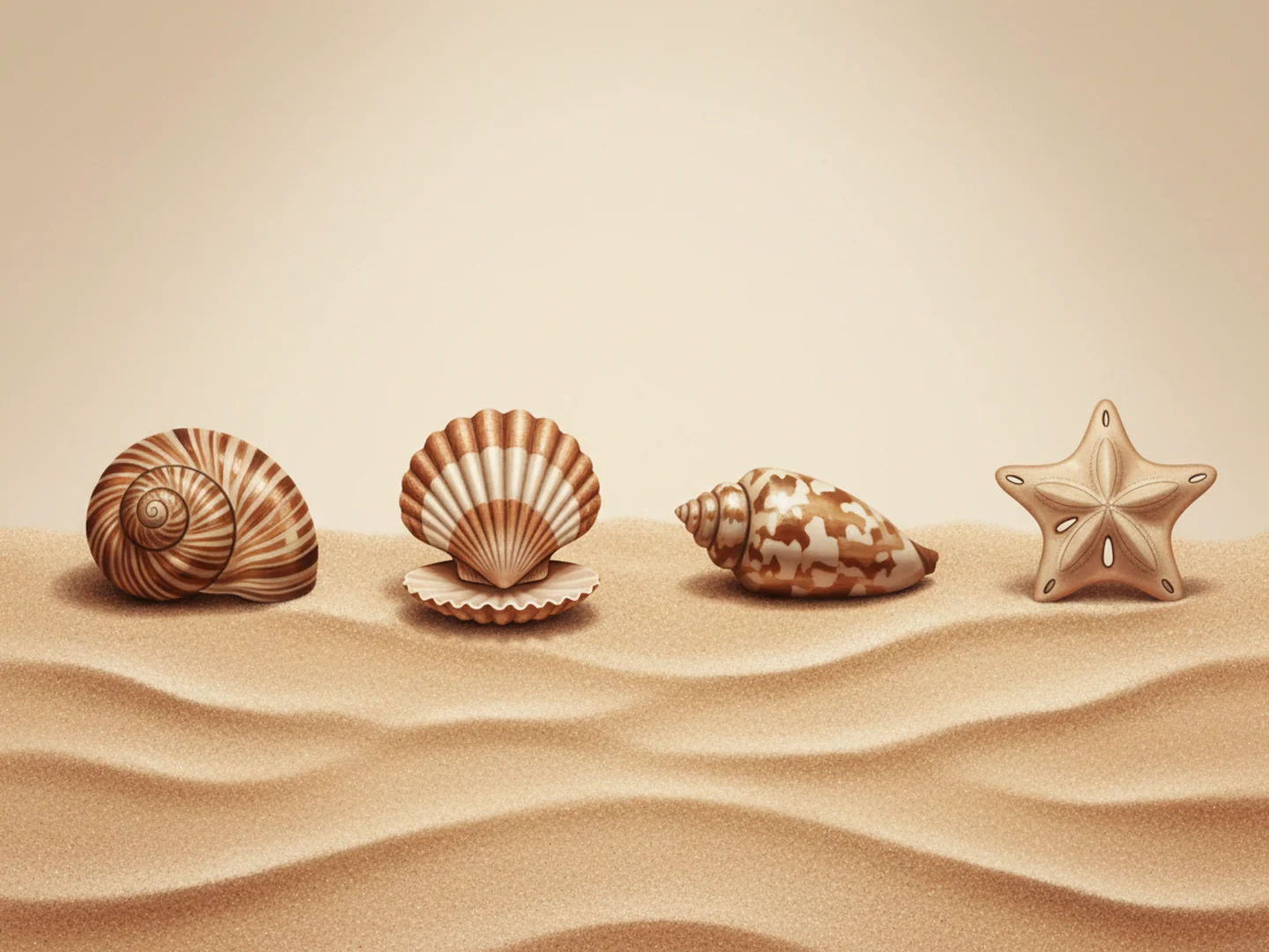 Illustration of four distinct seashells laid in a row on warm sand, matching procedures to concerns