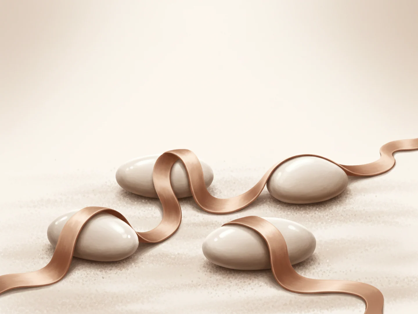 Illustration of a silk ribbon winding between four smooth stones on sand, choosing a treatment path