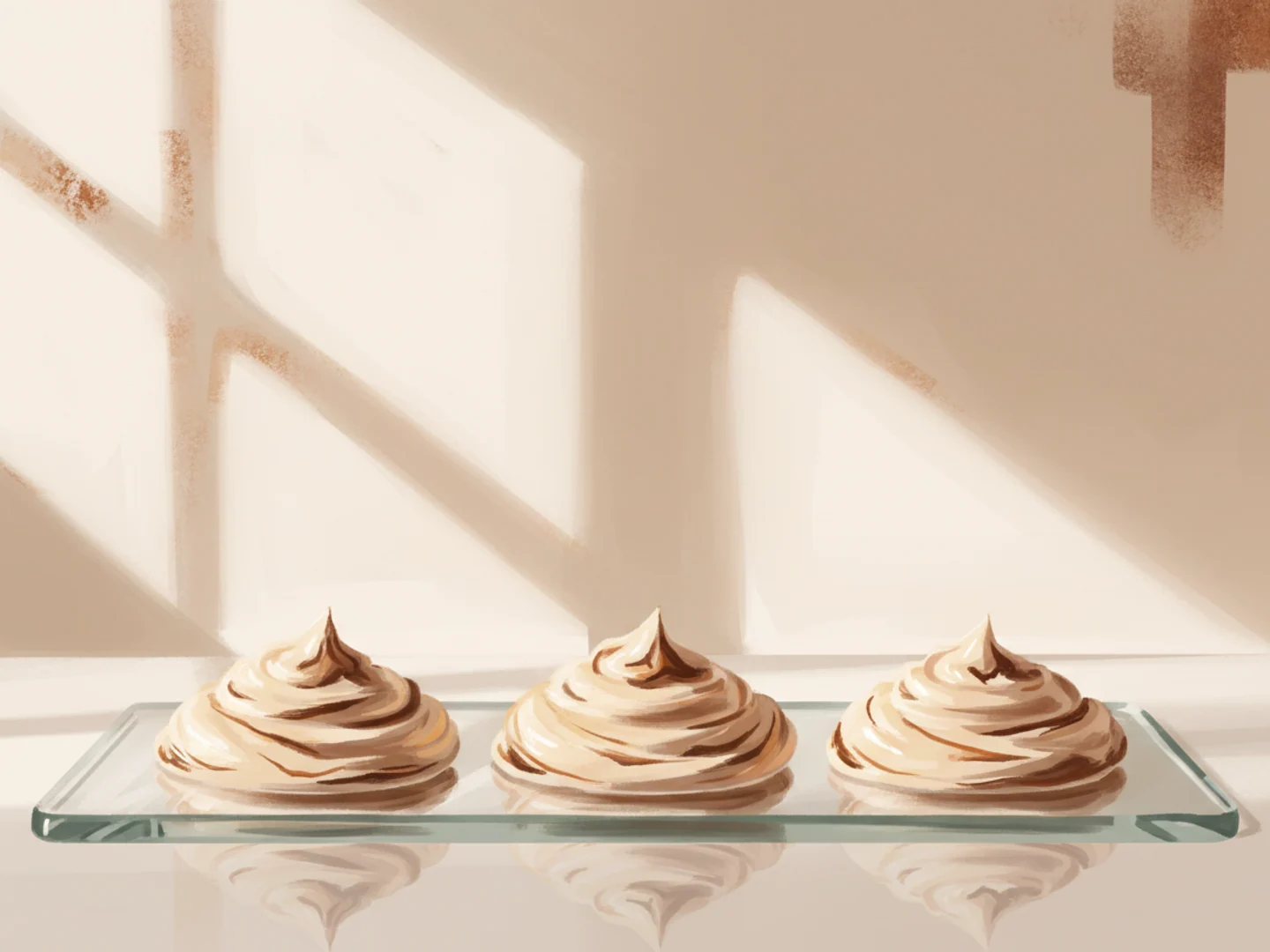 Illustration of three dollops of cream in a row on a glass tray by a bright window, applying enough sunscreen