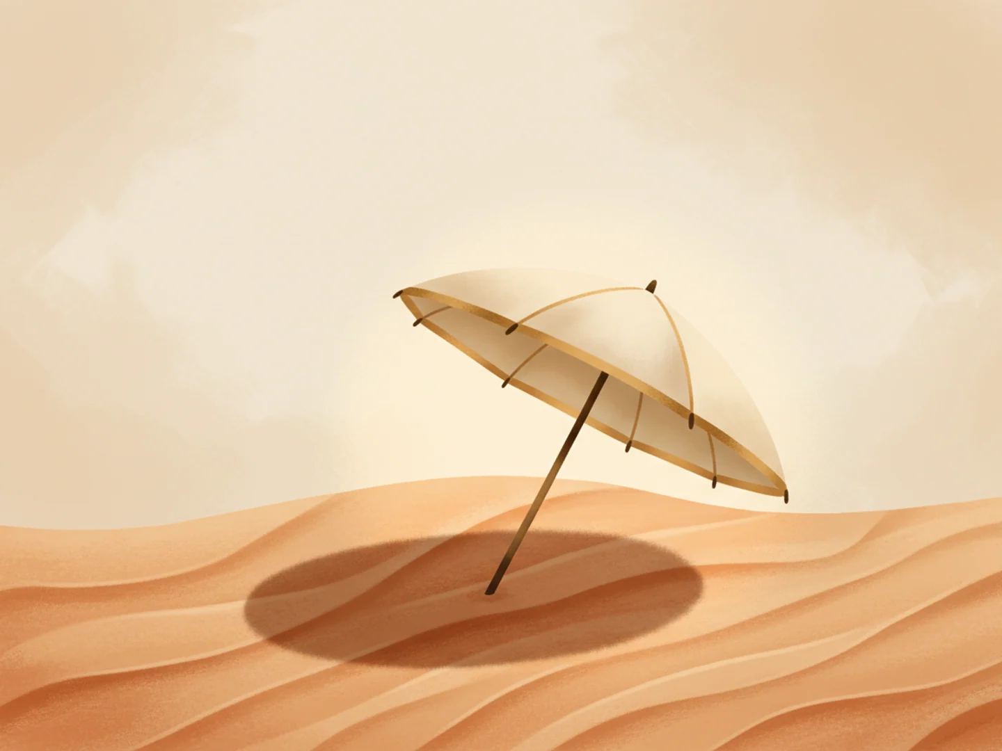 Illustration of a parasol casting cool shadow on warm sand with sunlight around it, daily protection