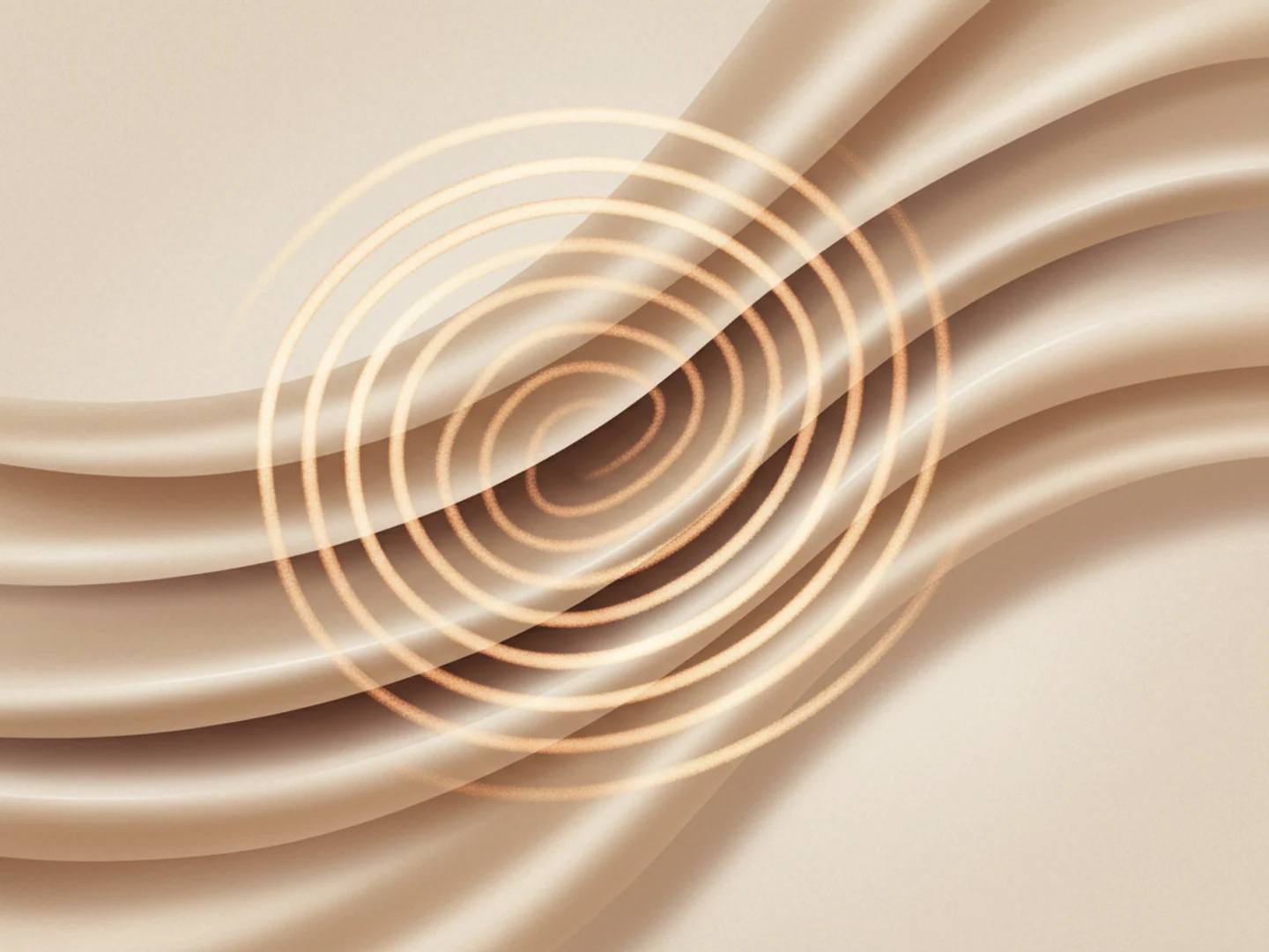 Illustration of concentric warm ripples spreading through layered champagne silk, radiofrequency energy