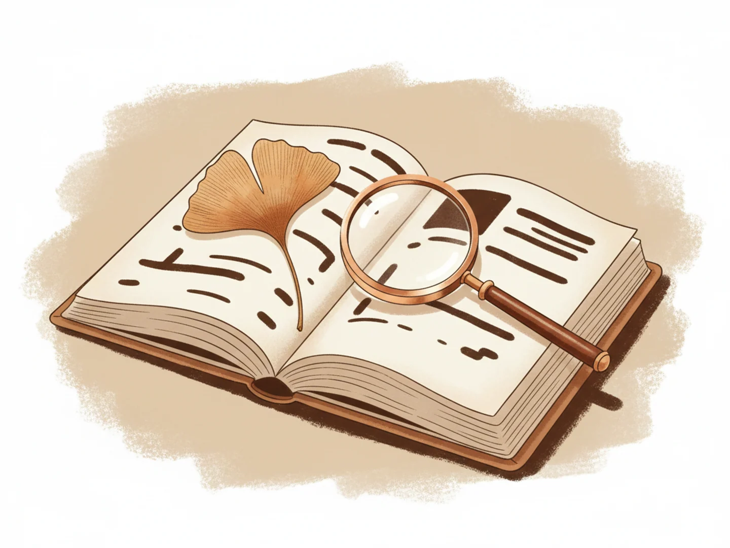 Illustration of an open linen-bound journal with a magnifying glass and pressed ginkgo leaf, reading the clinical update