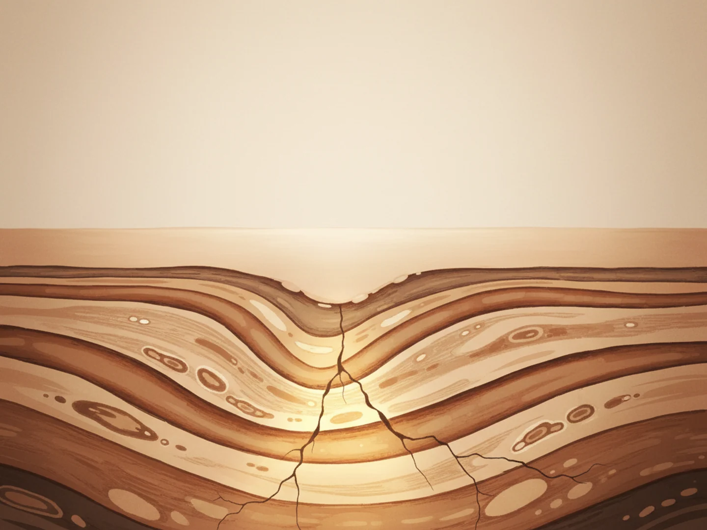 Illustration of a geological cross-section with warm glow radiating deep beneath a smooth surface, how radiofrequency heat works