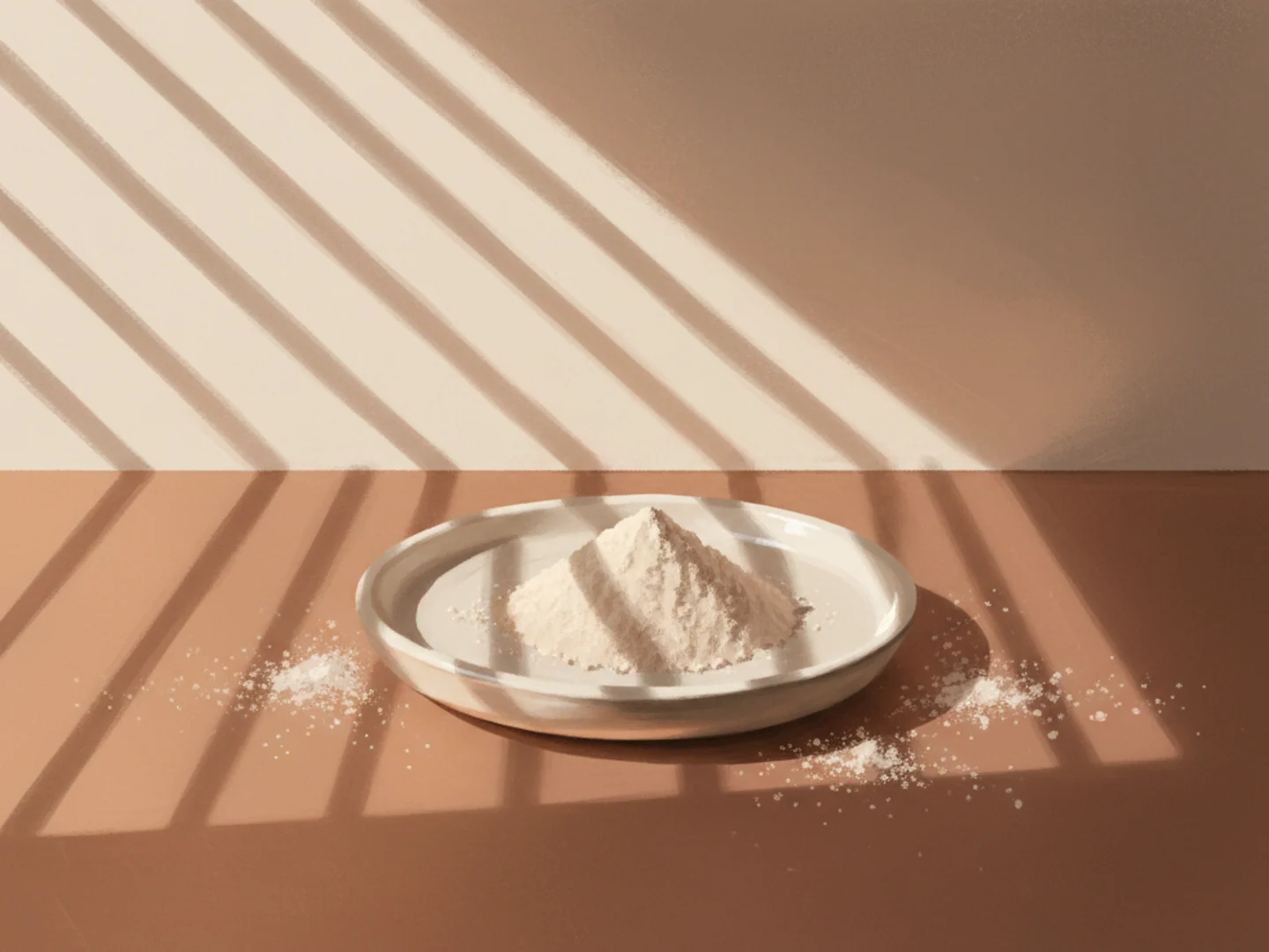 Illustration of sunlight filtered through rice-paper blinds onto a dish of pale powder, balancing light and shade