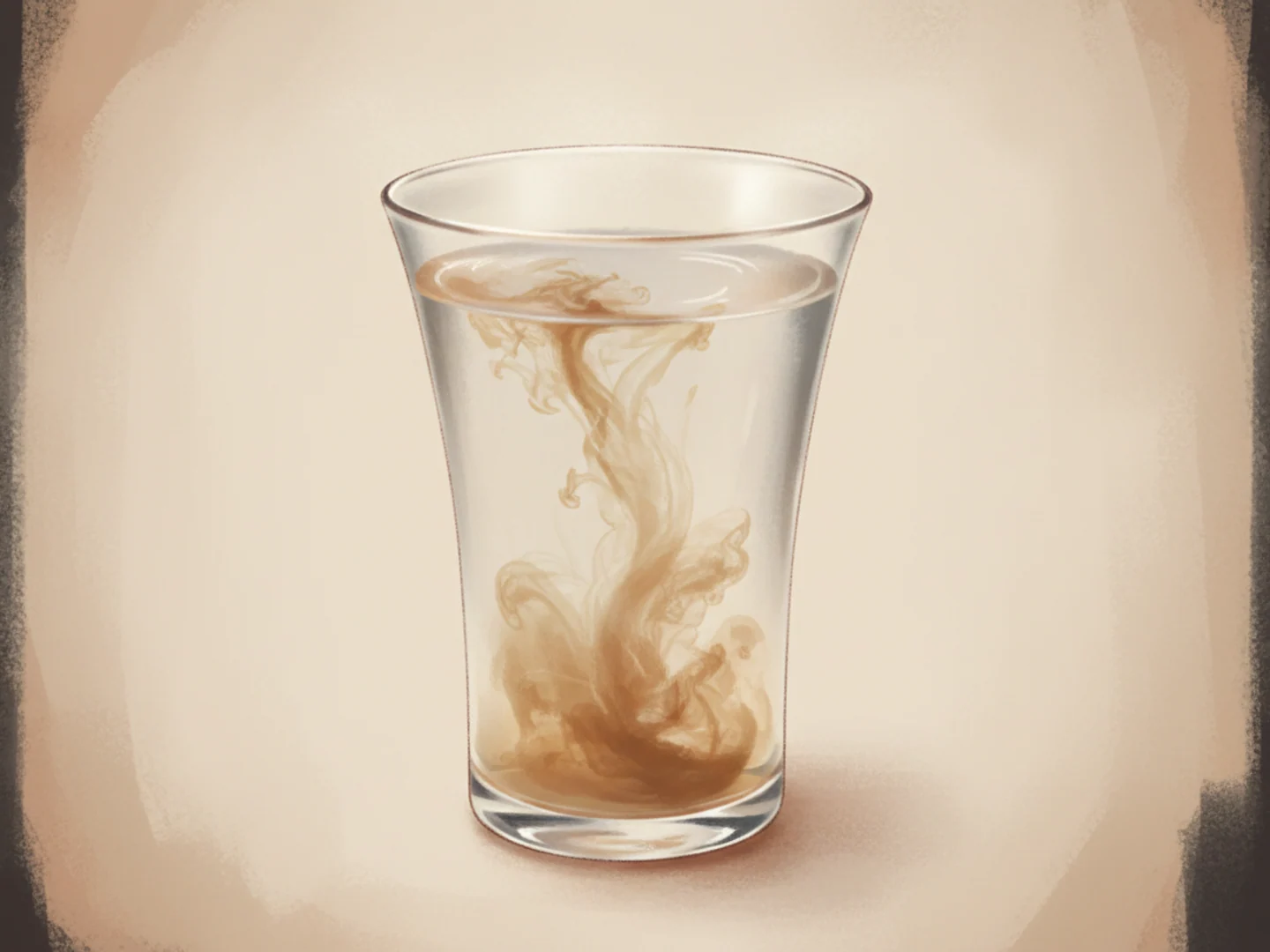 Illustration of caramel pigment slowly clearing to transparency in a porcelain cup of water, gradual fading of pigmentation
