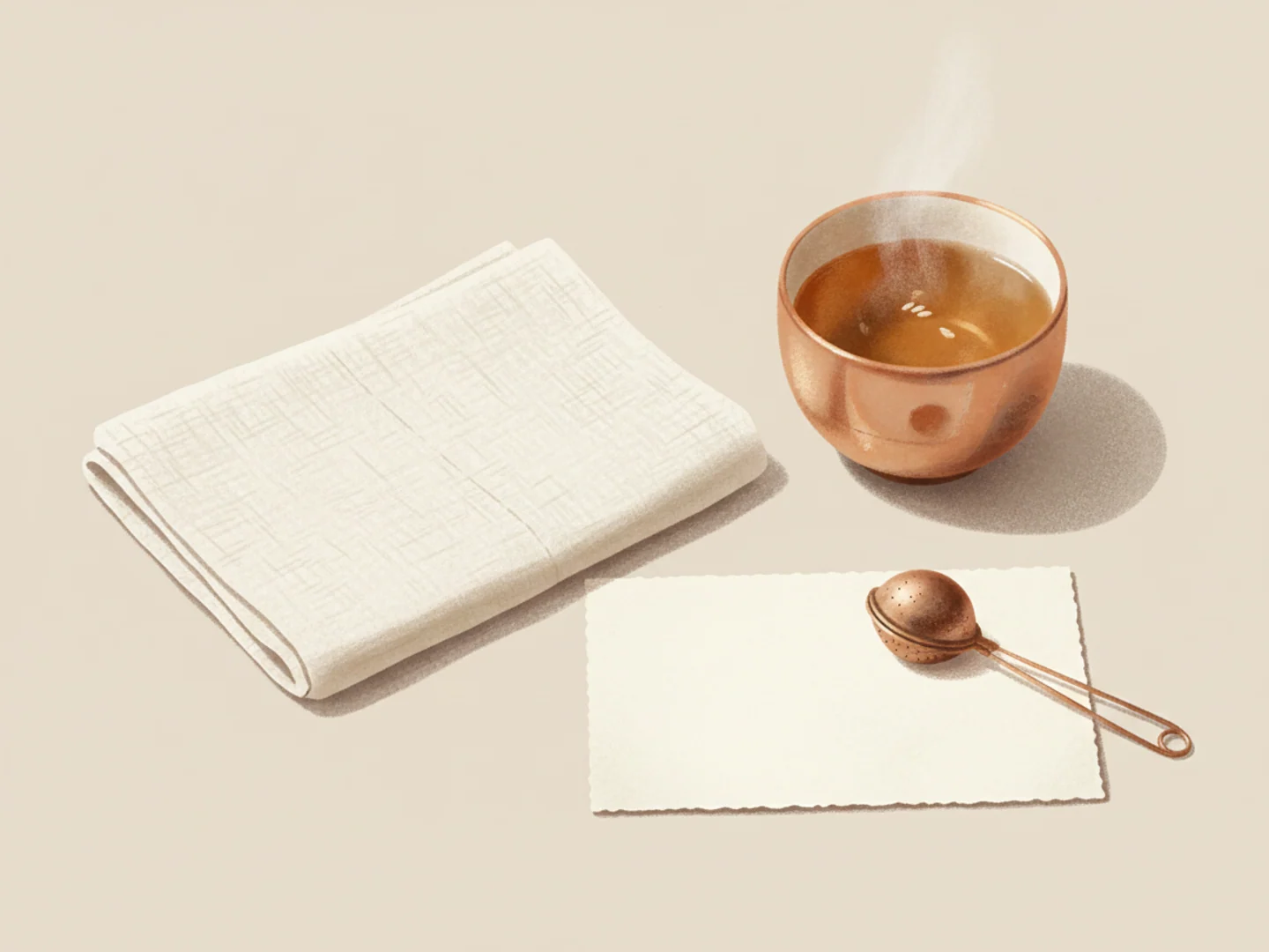 イラスト：畳まれたリネン、麦茶、無地のカードが整然と並ぶ穏やかな準備風景