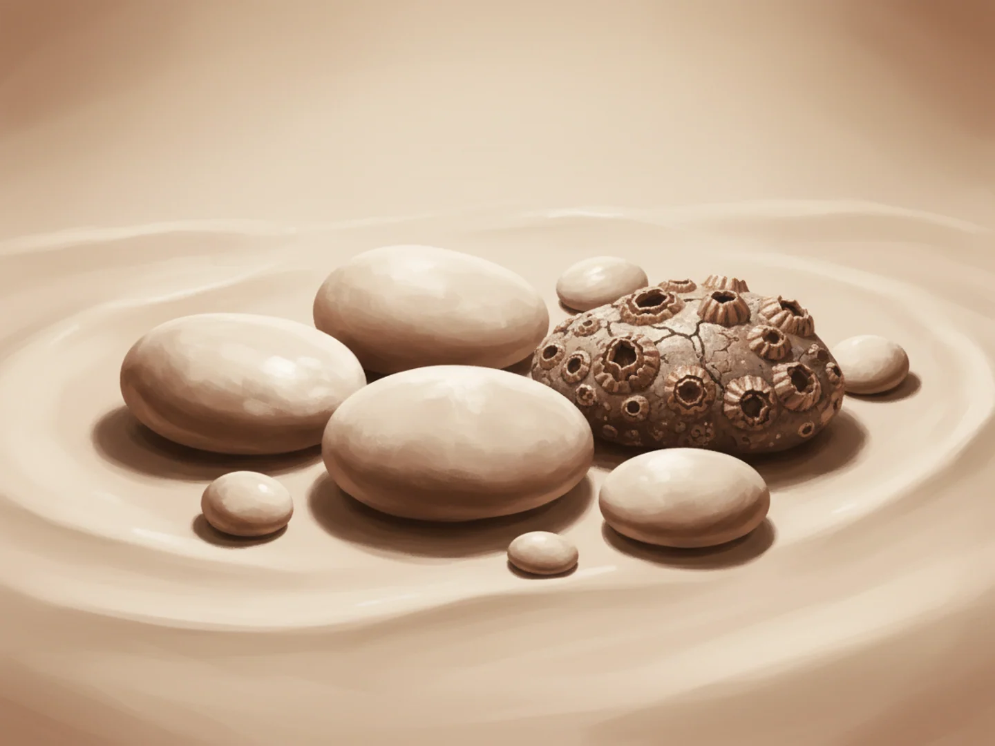 Illustration of smooth river stones with one distinctly textured barnacle-like stone among them, spotting the wart