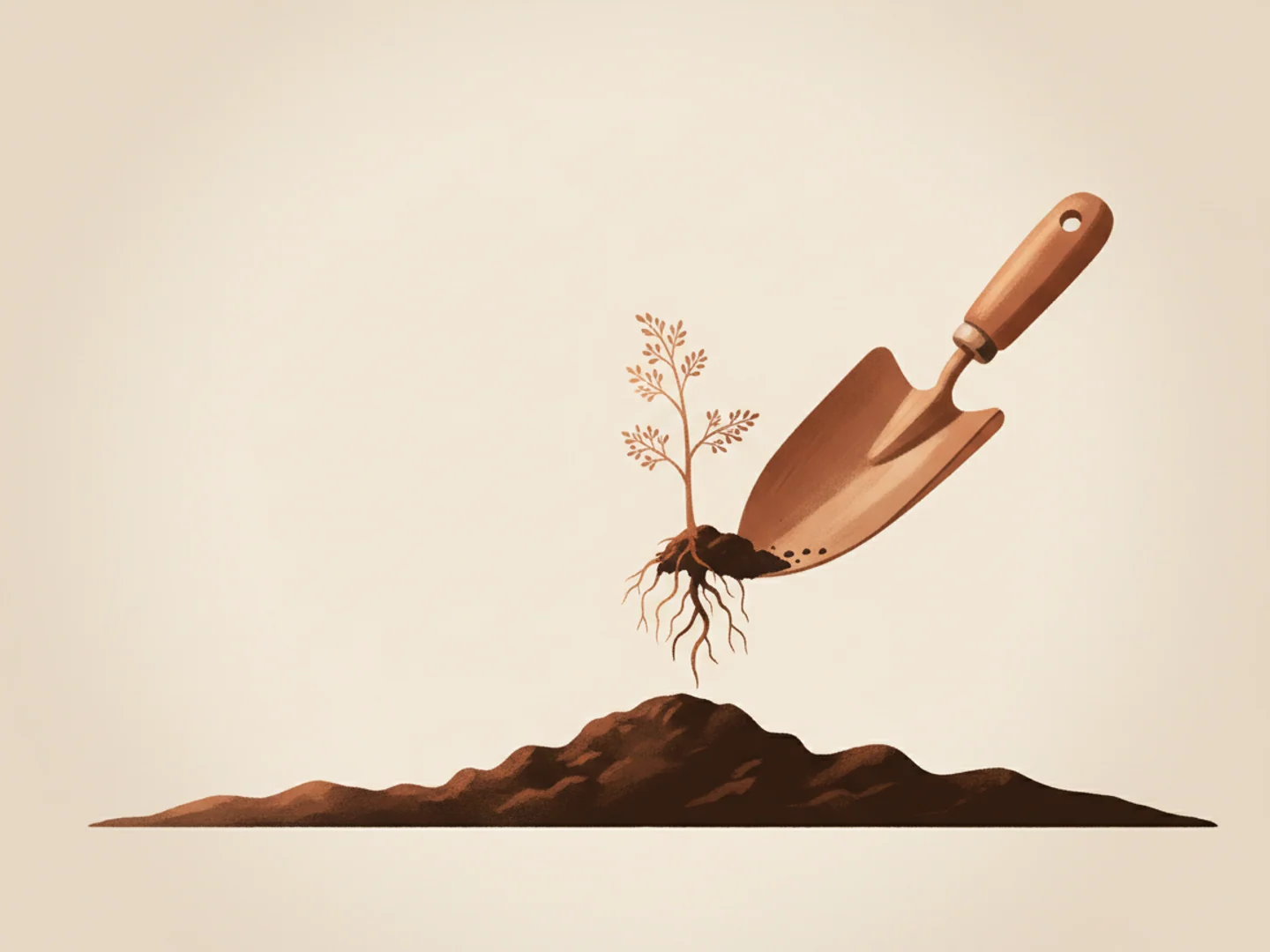 Illustration of a garden trowel lifting a small weed cleanly with its roots from soil, complete removal