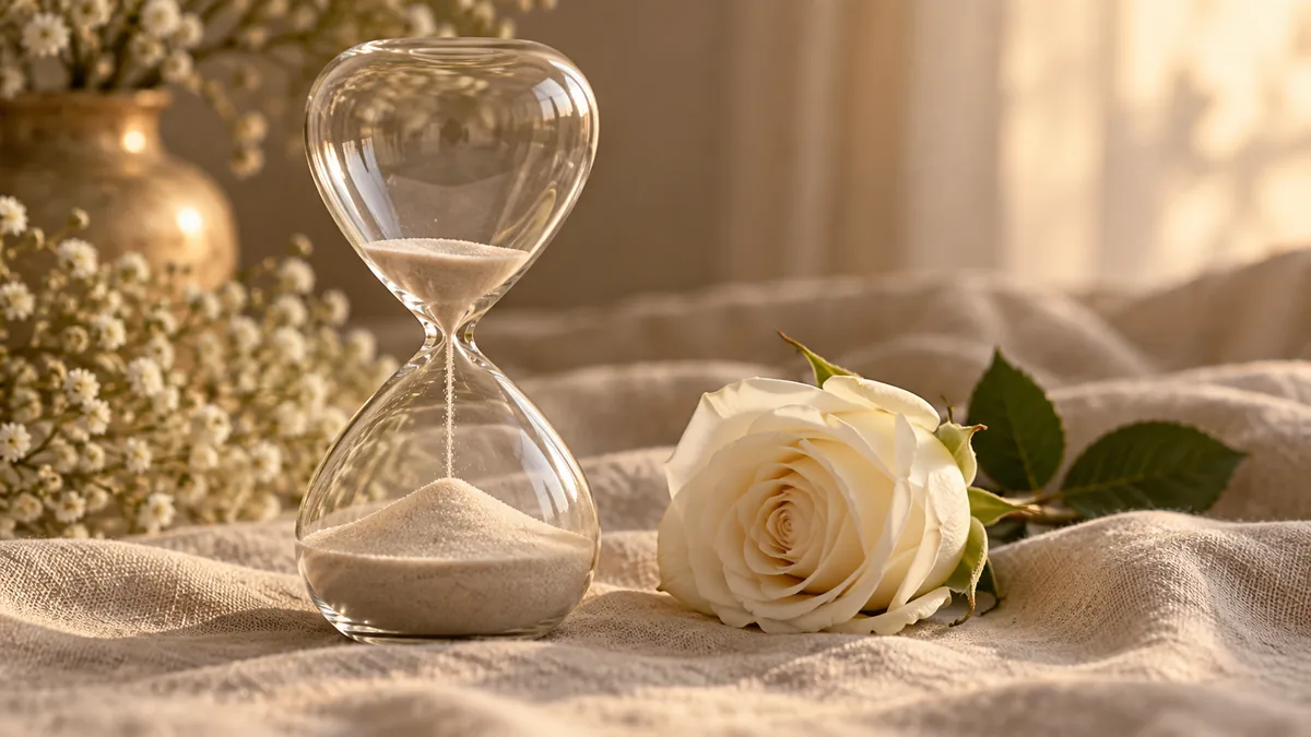 A glass hourglass with most of its sand in the lower bulb beside a white rose on linen