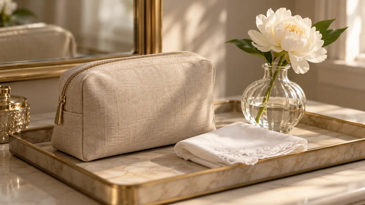 A calm vanity tray with a closed linen pouch, a folded handkerchief and one white flower in a glass vase