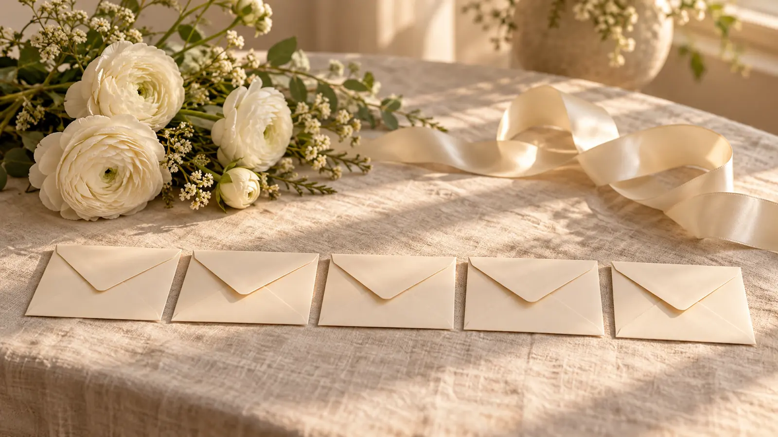 White ranunculus, a coiled ivory ribbon and five plain envelopes laid out in a row on a linen table