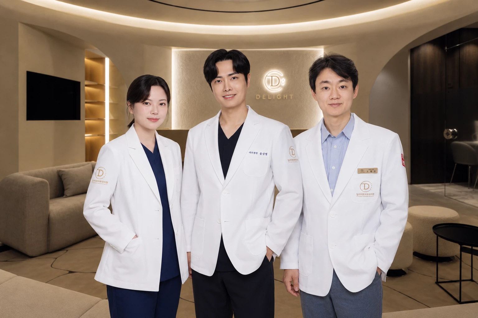 Delight Dermatology medical team in the Gangnam clinic lobby
