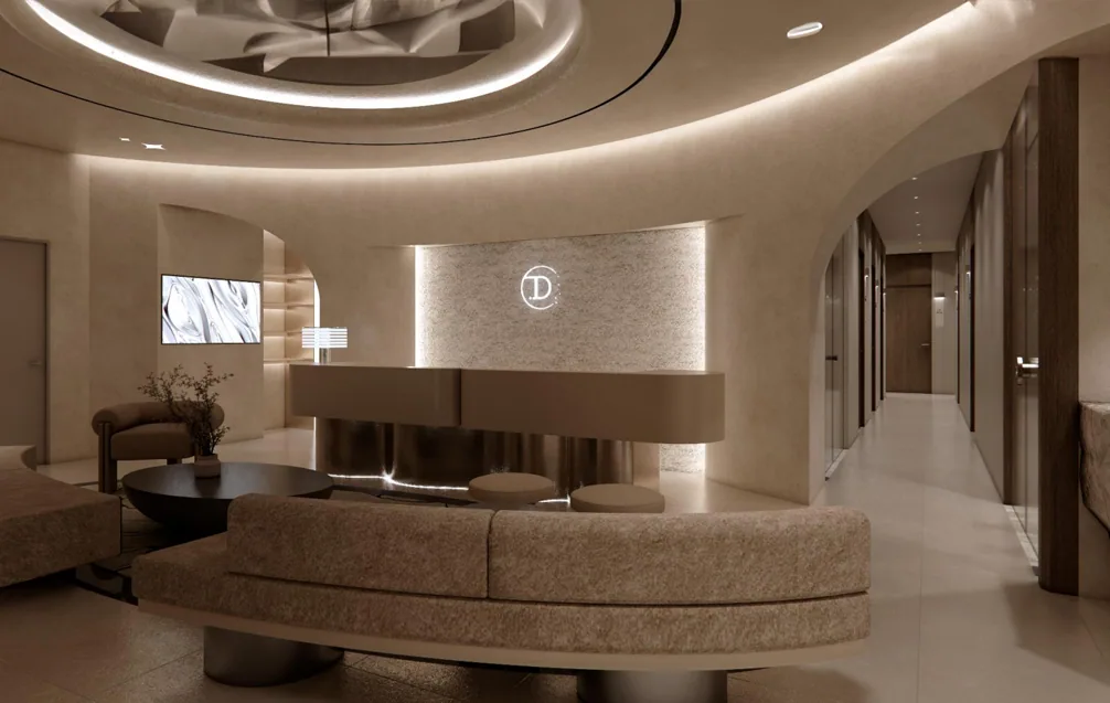 Delight Dermatology main lobby — sofa, coffee table, and reception counter in Gangnam, Seoul