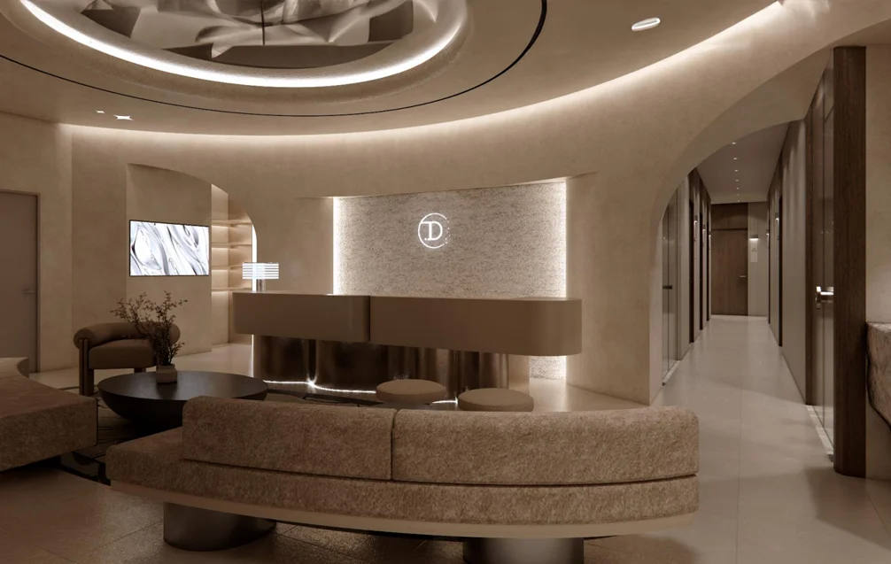 Delight Dermatology main lobby: sofa, coffee table, and reception counter in Gangnam, Seoul